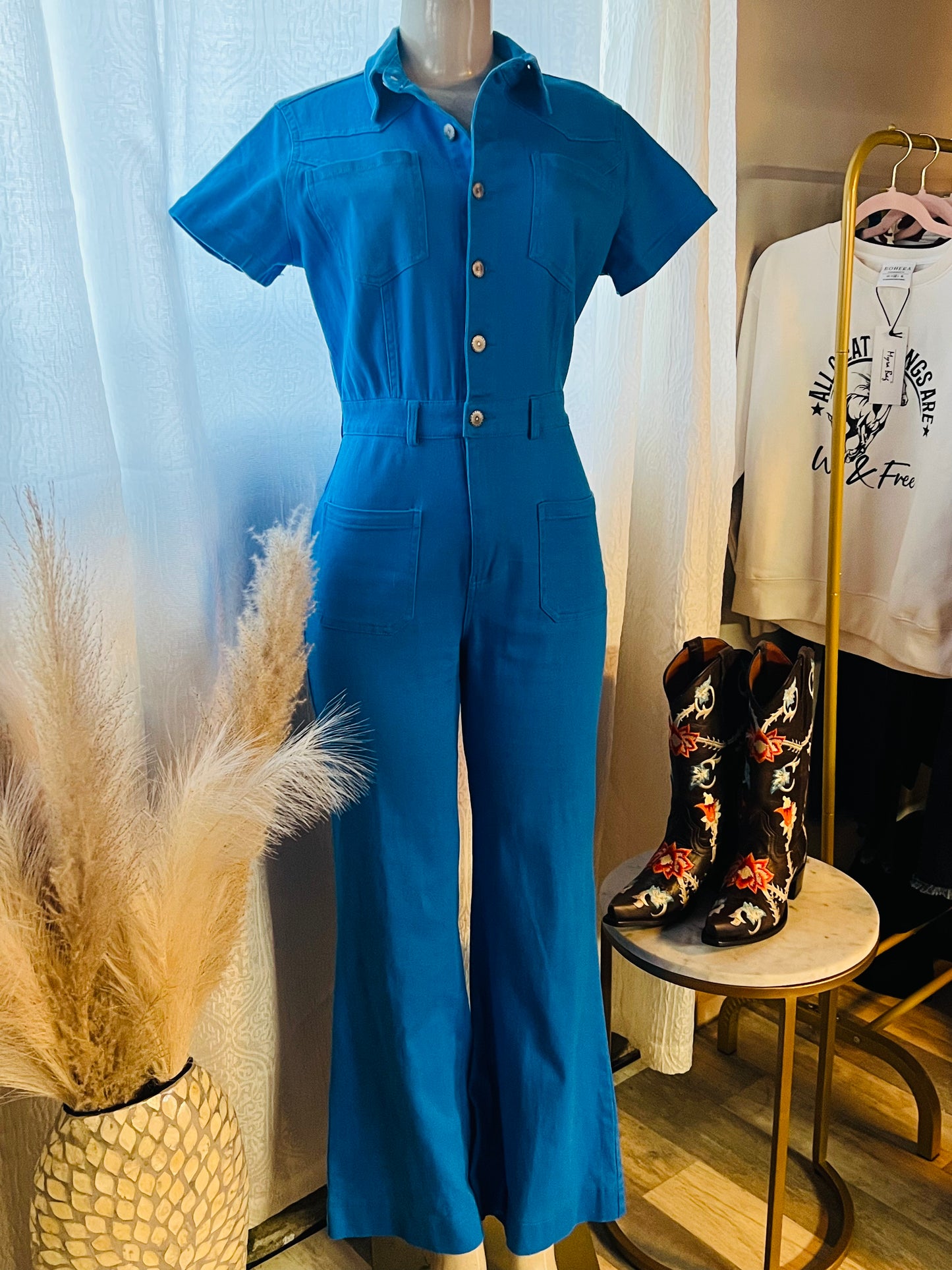 Cobalt Blue Stretch Denim Jumpsuit with Front Pockets