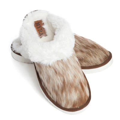 Alamosa Cow-Hide Lined Slippers In Brown & White