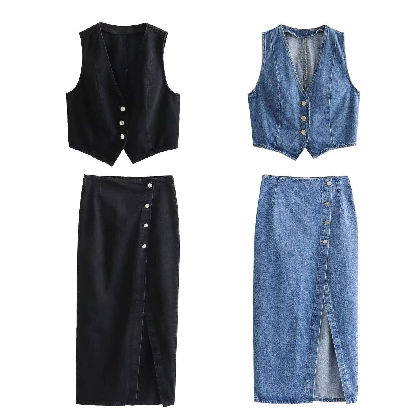 Ladies Denim Vest And Split Hem Skirt Set 4219