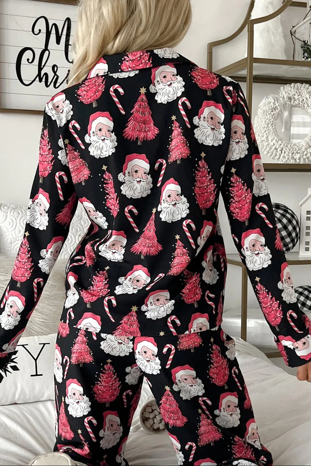 Christmas Printed Collared Neck Top and Pajamas