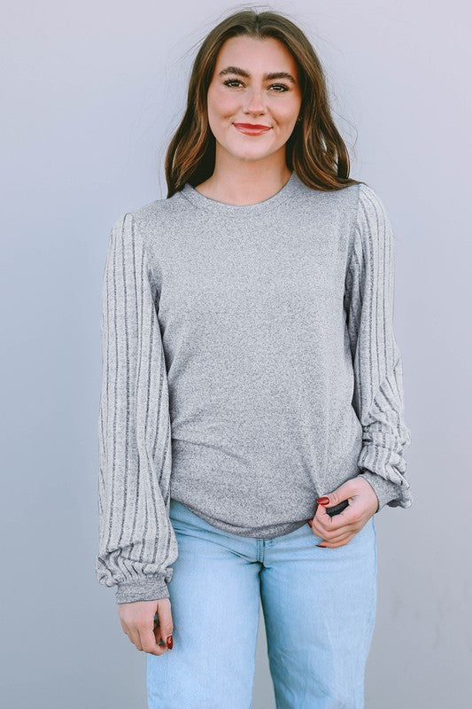 Contrast Ribbed Bishop Sleeve Top