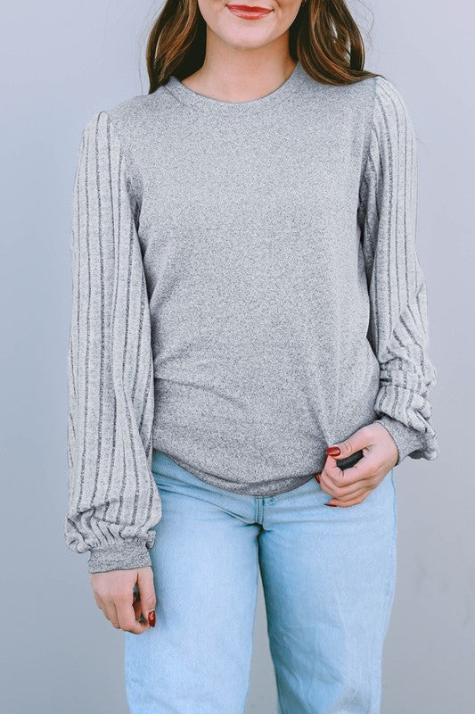 Contrast Ribbed Bishop Sleeve Top