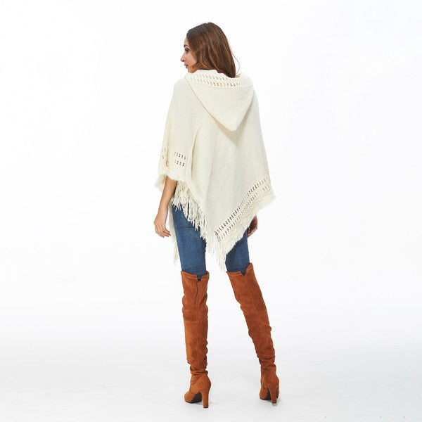 White hooded FringeTrimBatwingSleevePoncho Sweater