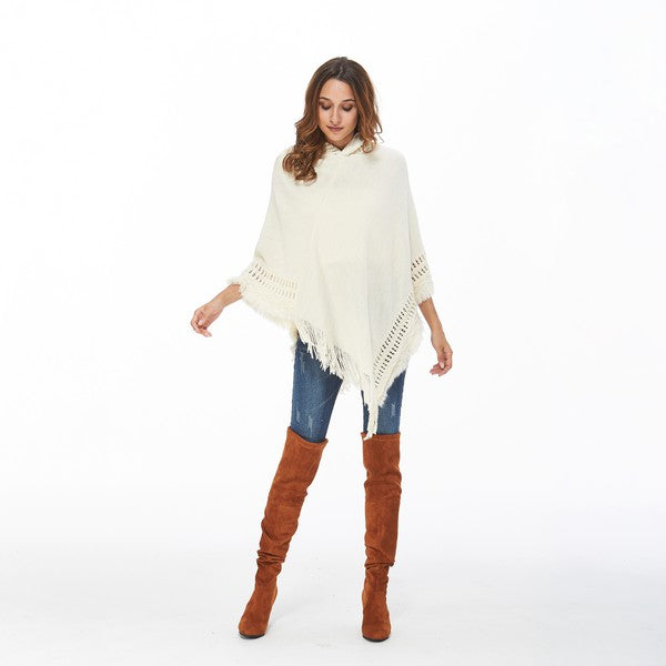 White hooded FringeTrimBatwingSleevePoncho Sweater