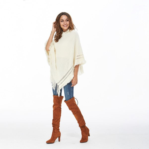 White hooded FringeTrimBatwingSleevePoncho Sweater