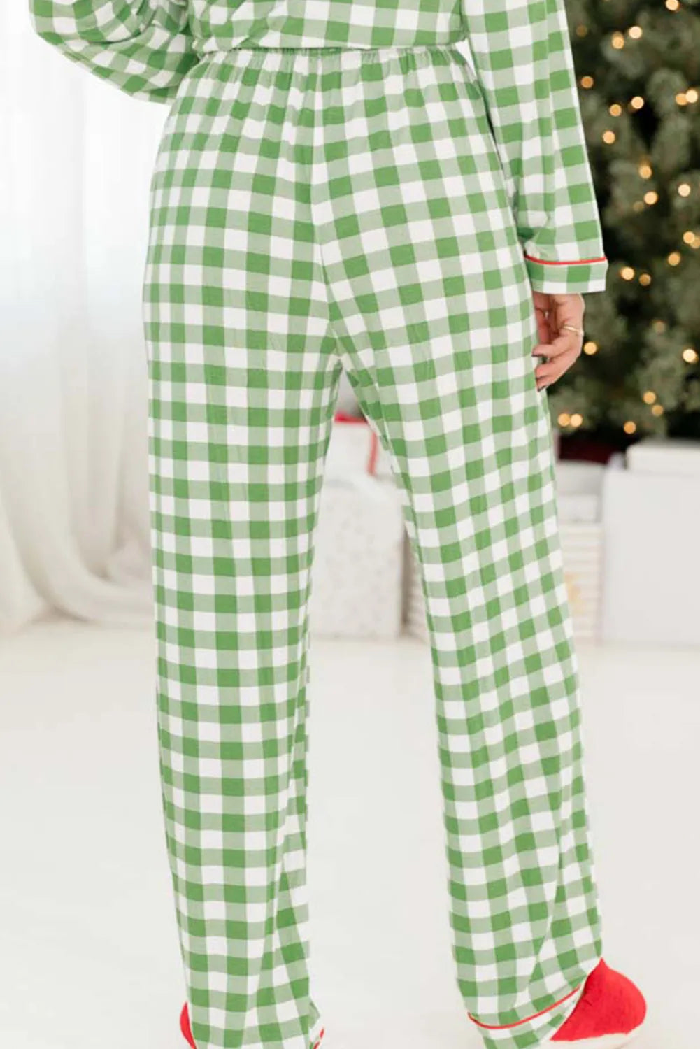 Contrast Piping Plaid Top and Pants Pajamas