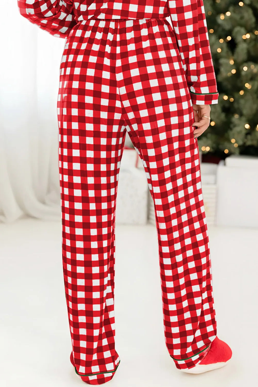 Contrast Piping Plaid Top and Pants Pajamas