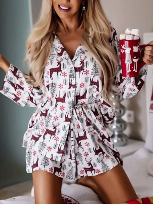 Printed Collared Neck Long Sleeve Top and Shorts Pajamas