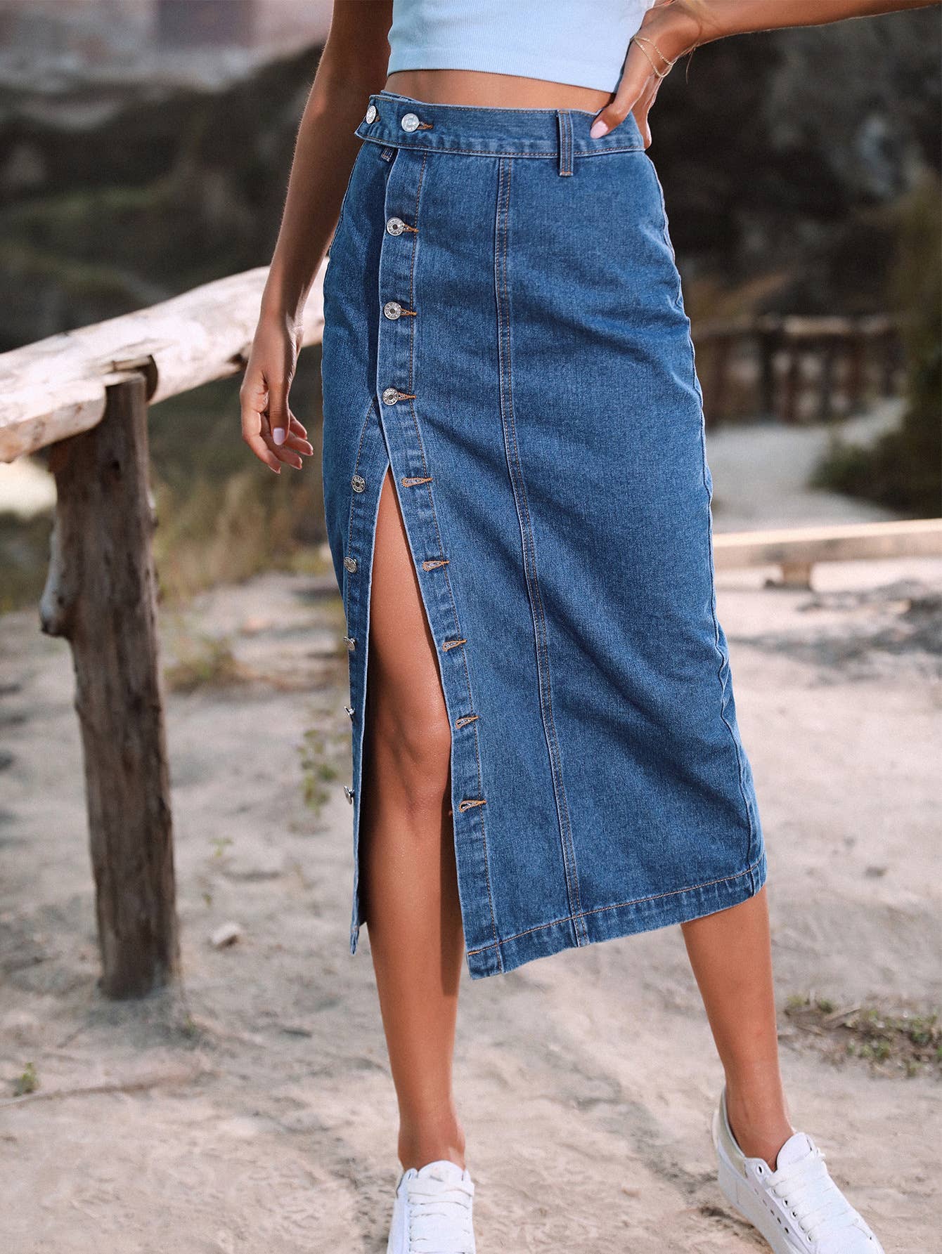 Irregular Buttoned Denim High-Rise Maxi Skirt