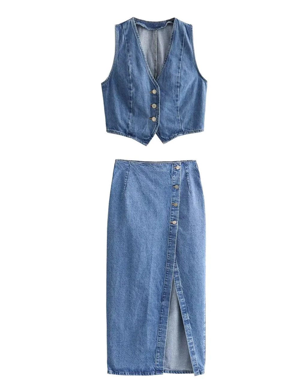 Ladies Denim Vest And Split Hem Skirt Set 4219