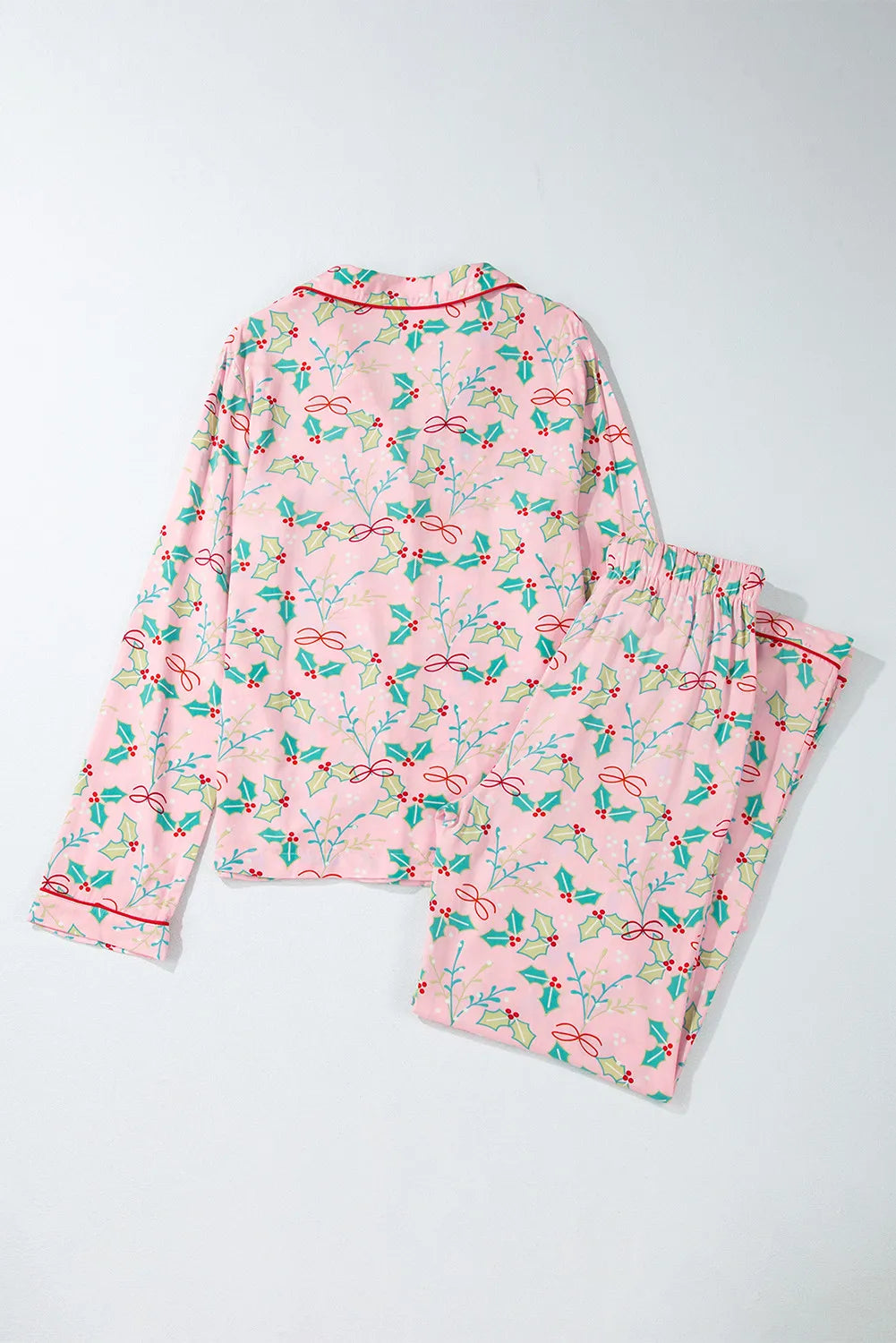 Printed Collared Neck Long Sleeve Top and Pants Pajamas