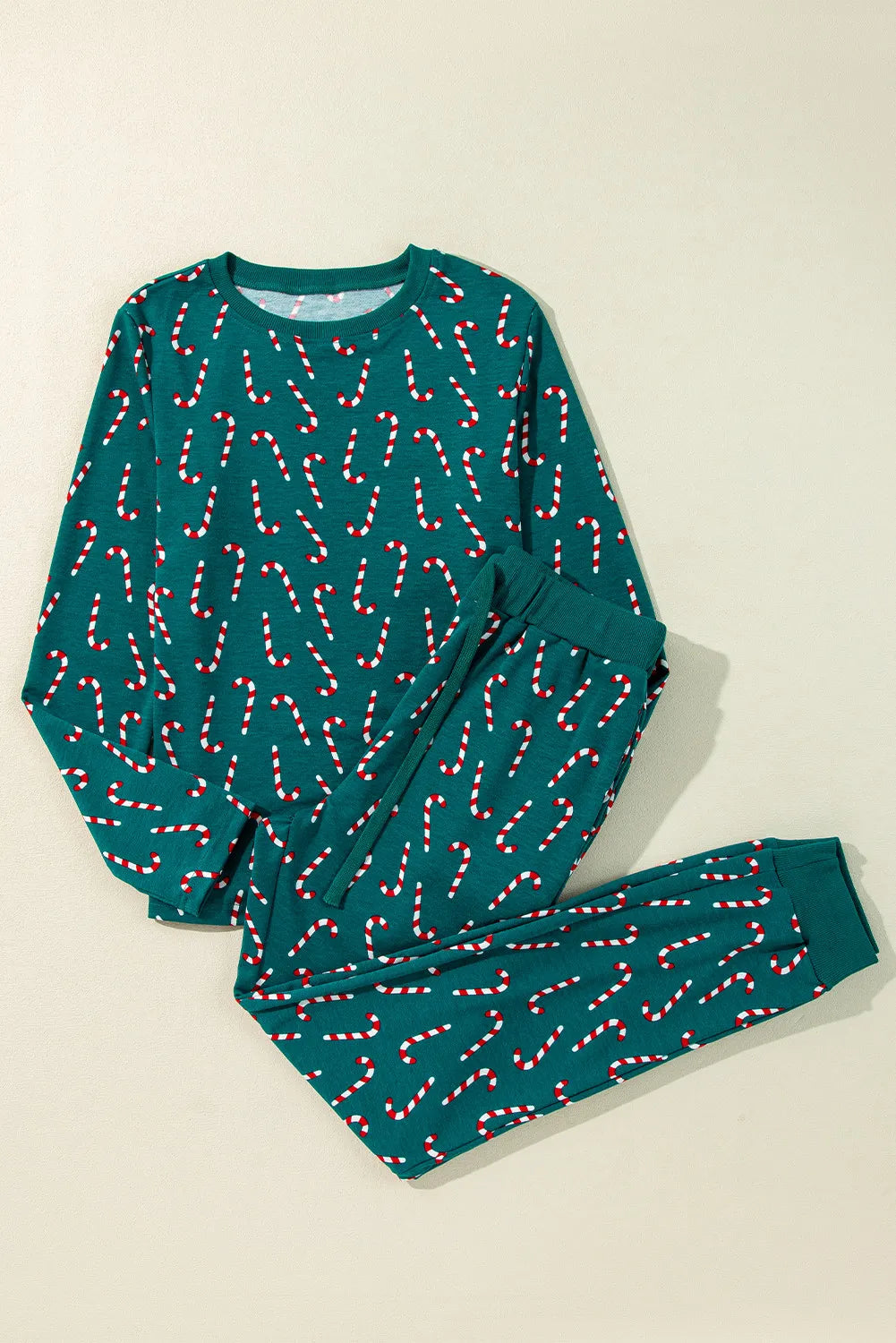 Candy Cane Print Round Neck Top and Pants Pajamas