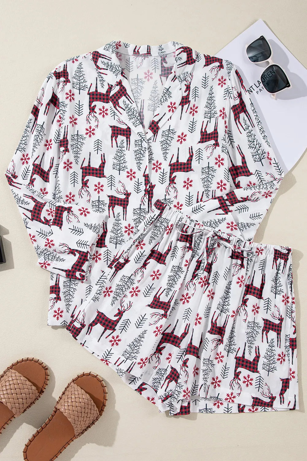 Printed Collared Neck Long Sleeve Top and Shorts Pajamas