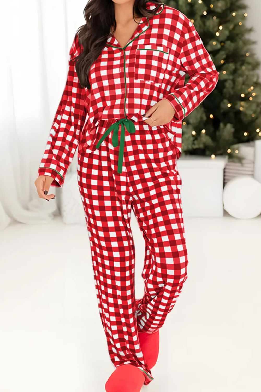 Contrast Piping Plaid Top and Pants Pajamas