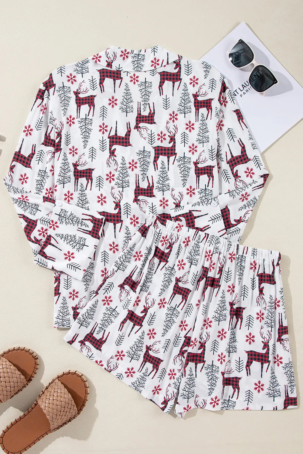 Printed Collared Neck Long Sleeve Top and Shorts Pajamas