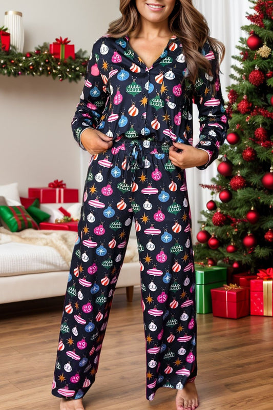 Printed Collared Neck Long Sleeve Top and Pants Pajamas