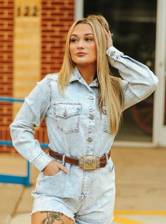 Light Stone Wash Denim Stretch Button Down Long Sleeve Romper