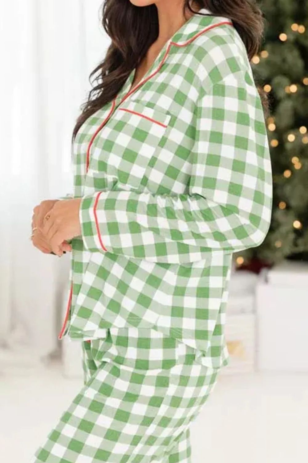 Contrast Piping Plaid Top and Pants Pajamas