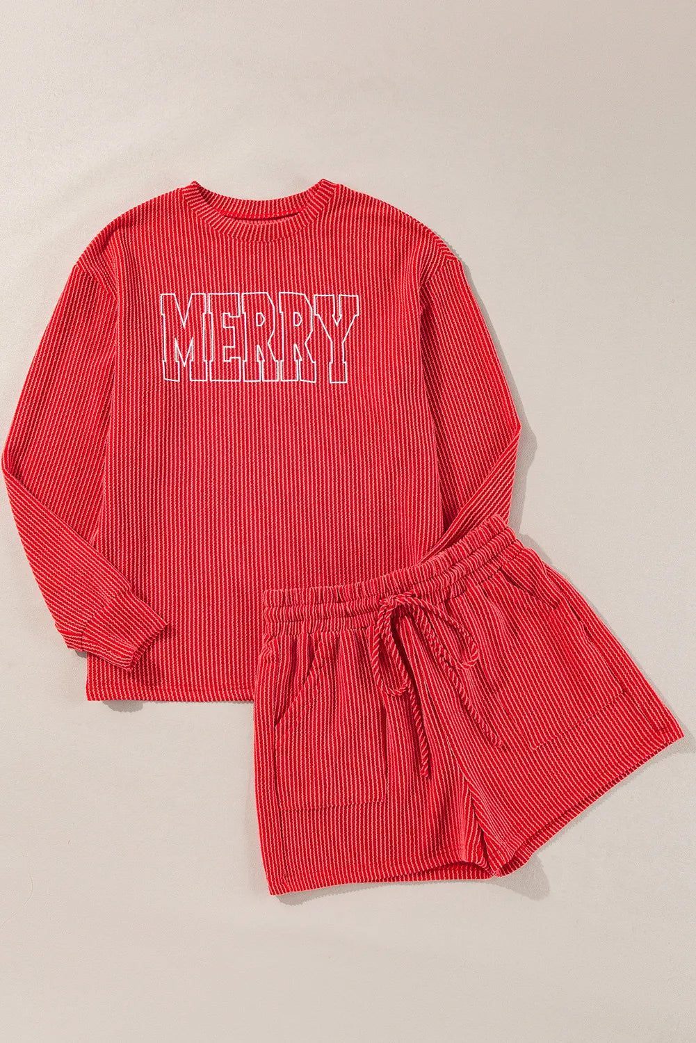 MERRY Round Neck Long Sleeve Top and Shorts Pajamas