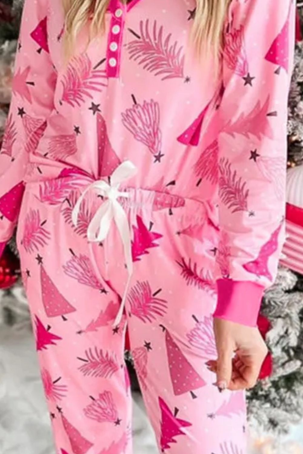 Printed V-Neck Long Sleeve Top and Pants Pajamas