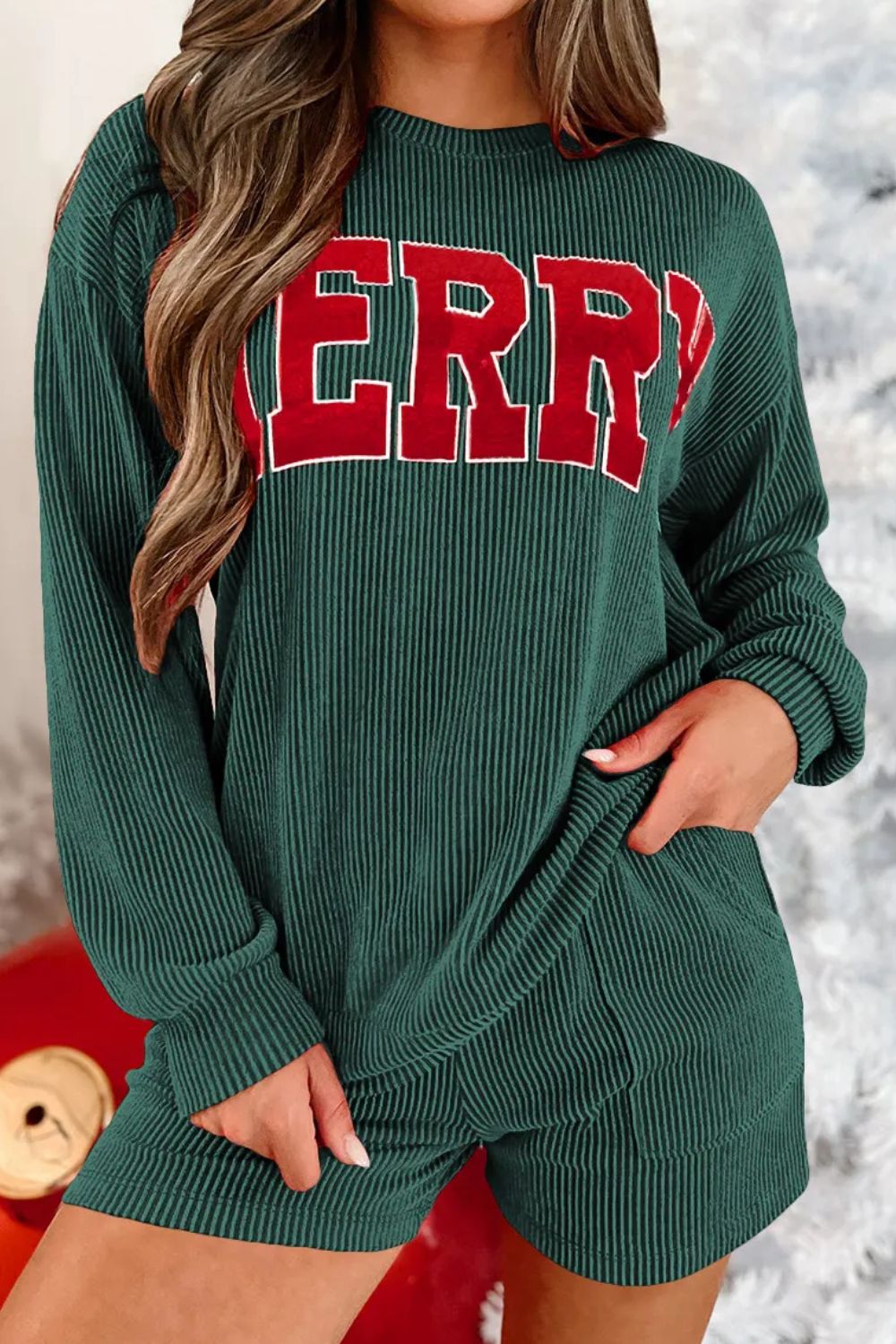 MERRY Round Neck Long Sleeve Top and Shorts Pajamas